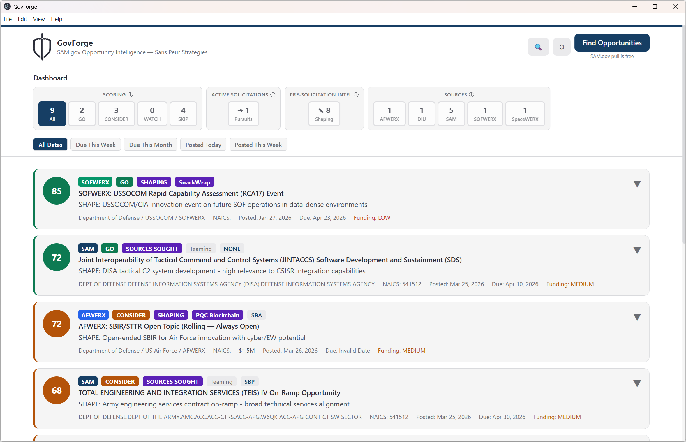 GovForge dashboard showing scored federal opportunities